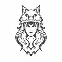 ein Frau mit lange Haar und ein Wolf Kopf vektor
