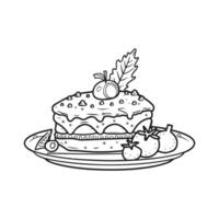 ein schwarz und Weiß Zeichnung von ein Kuchen mit Obst auf es vektor
