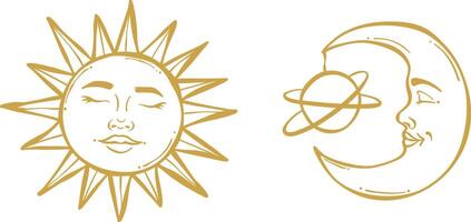 golden Hand gezeichnet Sonne und Mond Illustration, magisch Vektor Clip Kunst Satz, isoliert