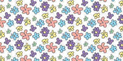 modisch Blumen- nahtlos Muster Illustration. Jahrgang 70er Jahre Stil Hippie Blume Hintergrund Design. bunt Pastell- Farbe groovig Kunstwerk, y2k Natur Hintergrund mit Gänseblümchen Blumen. vektor