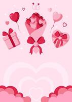 Valentinstag Gruß Karte Porträt im rot und Rosa Farben.Vektor Illustration mit Wolke Hintergrund, fliegend Liebe Luftballons, Geschenk Schachtel, Rosen, Papier Herzen, Schlüssel und ein Vorhängeschloss.Kopie Raum Bereich. vektor