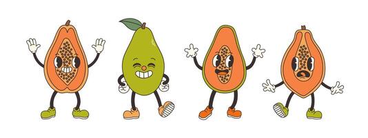 häftig papaya uppsättning. hand dra rolig retro årgång trendig stil äpple tecknad serie karaktär illustration. klotter komisk samling. vektor illustration