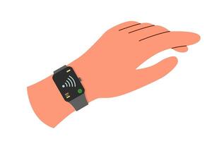 Mensch Hand mit Clever Uhr isoliert auf Weiß. Technologie Konzept. vektor