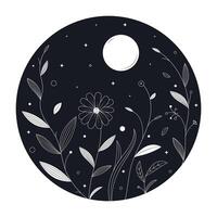 Blumen und Mond im Mono Linie Stil Kunst zum Abzeichen, Embleme, Flecken, T-Shirts. Vektor Illustration