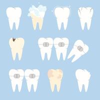 uppsättning av tänder. friska och sjuklig tand, karies, bruten, fläckar, spricka, ortodontisk tandställning. platt vektor illustration