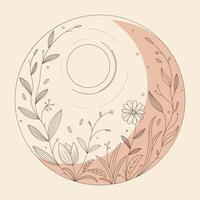 blommor, löv, Sol och måne i mono linje stil konst för märken, emblem, plåster, t-shirts. vektor illustration