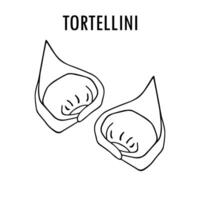 tortellini pasta klotter mat illustration. hand dragen grafisk skriva ut av kort makaroner typ av fylld pasta. vektor linje konst mat ingrediens av italiensk kök