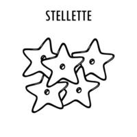 stelle pasta klotter mat illustration. hand dragen grafisk skriva ut av kort makaroner typ av stellette pasta. vektor linje konst element av italiensk kök