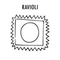 ravioli pasta klotter mat illustration. hand dragen grafisk skriva ut av kort makaroner typ av fylld pasta. vektor linje konst mat ingrediens av italiensk kök