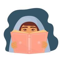 hell Karikatur Illustration von jung Mädchen lesen Buch beim Nacht unter Decke. Grafik drucken Konzept von Wissen, Hobby und Freizeit. Vektor bunt Komposition