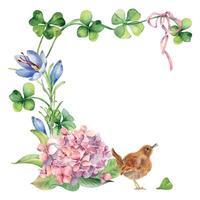 Rahmen mit Kleeblatt, Blumen und Vogel Aquarell Illustration isoliert auf Weiß. gemalt Kleeblatt und Safran. st Patrick Tag Karte Hand gezeichnet. Design Element zum irisch, Ostern, Frühling Feiertage. vektor