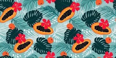 sömlös mönster med tropisk frukter, papaya, blommor, handflatan löv, monstera. sommar exotisk djungel skriva ut. vektor grafik.