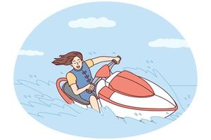 glücklich Frau mit fließend Haar Fahrten Jet Ski auf Meer während Sommer- Ausflug zu heiß Inseln. Vektor Bild