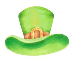 grön pyssling topp hatt för st. Patricks dag. illustration med akvareller och markörer. klämma konst av en hatt med en guld spänne. hand dragen isolerat konst. skiss av en klassisk retro årgång topp hatt vektor