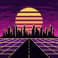 Pixel Synthwave Straße mit Stadt und Sonne Hintergrund. Neon- Retrowave Landschaft mit Gittergewebe Digital Autobahn mit dunkel Wolkenkratzer und gestreift Star im lila Nacht Vektor Himmel
