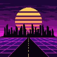 pixel synthwave motorväg med stad och Sol bakgrund. neon vaporwave landskap med maska digital design med mörk skyskrapor och randig stjärna i lila natt vektor himmel