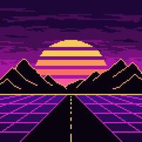 Pixel Synthwave Neon- Autobahn mit Berge und Sonne Hintergrund. Neon- Dampfwelle Landschaft mit Gittergewebe Digital Design und dunkel Hügel mit gestreift Star im lila Nacht Vektor Himmel