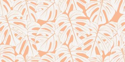 elegant vektor sömlös bakgrund med abstrakt klotter exotisk monstera löv i trendig persika Färg för omslag papper, textil, bröllop, skönhet
