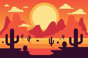 bunt und eben Design von ein Sonnenuntergang im ein Western Wüste mit Kaktus und felsig Berge auf das Horizont vektor