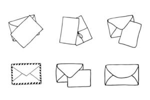 Sammlung von Mail-Symbolen, geschlossene Umschläge, E-Mail-Symbol. Skizzenbriefsatz. handgezeichnete Doodle-Cartoon-Stil. Vektorgrafik-Zeichnung. Briefsymbol. geschlossener Umrissumschlag vektor