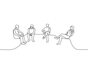Gruppe von Menschen Sitzung in der Nähe - - einer Linie Zeichnung Vektor. Konzept Kunden Sitzung im Linie, Job Suchende beim das Interview vektor