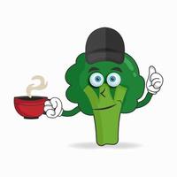 broccoli maskot karaktär håller en varm kopp kaffe. vektor illustration