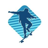 Silhouette von ein männlich im Aktion Pose auf Skateboard. Silhouette von ein städtisch Junge auf Skateboard. vektor