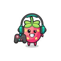 strawberry gamer maskot som håller en spelkontroll vektor