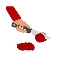 Messer im Hand Stück Tomate Illustration vektor