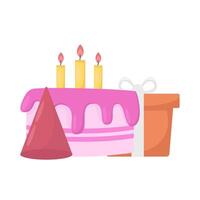 födelsedag kaka, hatt födelsedag med gåva låda illustration vektor
