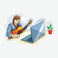 Intelligente Frau mit Akustikgitarre, die Musikvektorillustration pro Download komponiert vektor