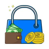 Einkaufen Tasche, Geld im Brieftasche mit Geld Münze Illustration vektor