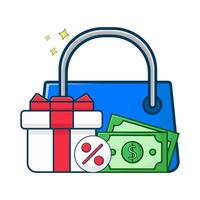 Einkaufen Tasche, Geld mit Geschenk Box Verkauf Illustration vektor