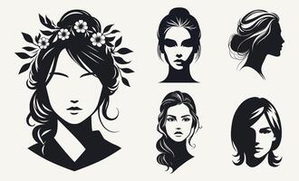 einstellen von Vektor Abbildungen von schön Frauen mit anders Frisuren im schwarz und Weiß.