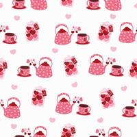 Rosa Valentinstag Liebe Herz Tee einstellen nahtlos Muster Vektor Illustration