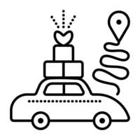 Lieferung durch Auto, Kurier Taxi mit Geschenk Pakete auf das Weg zu es ist Ziel, schwarz Linie Vektor Symbol