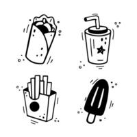 schnell Essen Symbole einstellen - - Schawarma, Burritos, Französisch Fritten, Papier Tasse mit trinken, Eis Creme. Hand gezeichnet schnell Essen Combo. Comic Gekritzel Stil. Snacks gezeichnet mit fühlte Trinkgeld Stift. Vektor Illustration