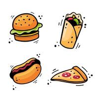 Hand gezeichnet schnell Essen Symbole heiß Hund, Hamburger, Pizza, Döner Kebab. skizzieren von Snack Elemente isoliert auf Weiß Hintergrund. schnell Essen Illustration im Gekritzel Stil. schnell Essen Sammlung. vektor