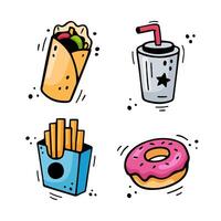 snabb mat ikoner uppsättning - shawarma, burrito, franska pommes frites, papper kopp med dryck, munk. hand dragen snabb mat kombo. komisk klotter stil. färgrik snacks dragen med känt dricks penna. vektor illustration