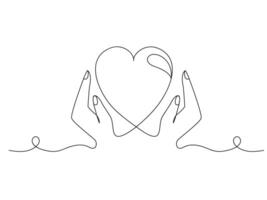kontinuerlig ett linje hjärta på händer eller kärlek isolerat vektor illustration.