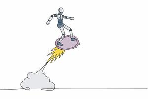 kontinuerlig ett linje teckning av robot ridning skydda raket flygande i de himmel. tech företag skydd säkerhet. humanoid robot cybernetiska organism. enda linje dra design vektor grafisk illustration
