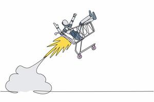 Single einer Linie Zeichnung Roboter Reiten Einkaufen Wagen Rakete fliegend im das Himmel. Roboter künstlich Intelligenz Technologie. elektronisch Technologie Industrie. kontinuierlich Linie Design Vektor Illustration