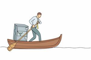 kontinuerlig ett linje teckning affärsman segling bort på båt med säker metall deposition låda. oväntat finansiell möjligheter, kreditera, Bank deposition skydd. enda linje design vektor illustration