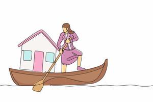 kontinuerlig ett linje teckning affärskvinna segling bort på båt med hus. Hem inteckning problem i ekonomisk kris. hus lån katastrof begrepp. enda linje dra design vektor grafisk illustration