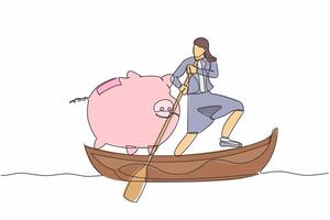 kontinuierlich einer Linie Zeichnung Geschäftsfrau Segeln Weg auf Boot mit Schweinchen Bank. Speichern Geld zum finanziell Management. Investition zum persönlich verwenden. Single Linie zeichnen Design Vektor Grafik Illustration