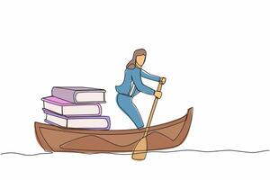 enda ett linje teckning affärskvinna segling bort på båt med lugg av böcker. intellektuell framsteg förbi få Begagnade till läsning bok. utbildning begrepp. kontinuerlig linje dra design vektor illustration