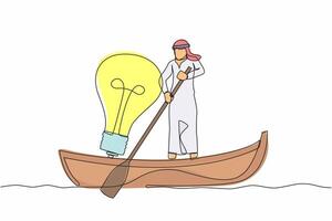 kontinuerlig ett linje teckning arab affärsman segling bort på båt med ljus Glödlampa. Framgång företag aning, syn, och innovation för bättre företag. enda linje dra design vektor grafisk illustration