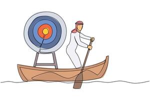 ett kontinuerlig linje teckning arab entreprenör stående i båt och segling med dartboard mål. hård arbete uppnå företag uppdrag och vinna konkurrens. enda linje dra design vektor illustration