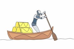 enda kontinuerlig linje teckning robot segling bort på båt med stack av gyllene ädelmetaller. guld investering i digital tech. framtida teknologi utveckling. ett linje dra grafisk design vektor illustration