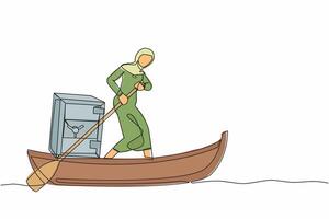 kontinuerlig ett linje teckning arab affärskvinna stående i båt och segling med säker deposition låda. fly med pengar. kriminell stola gyllene mynt från Bank. enda linje dra design vektor illustration